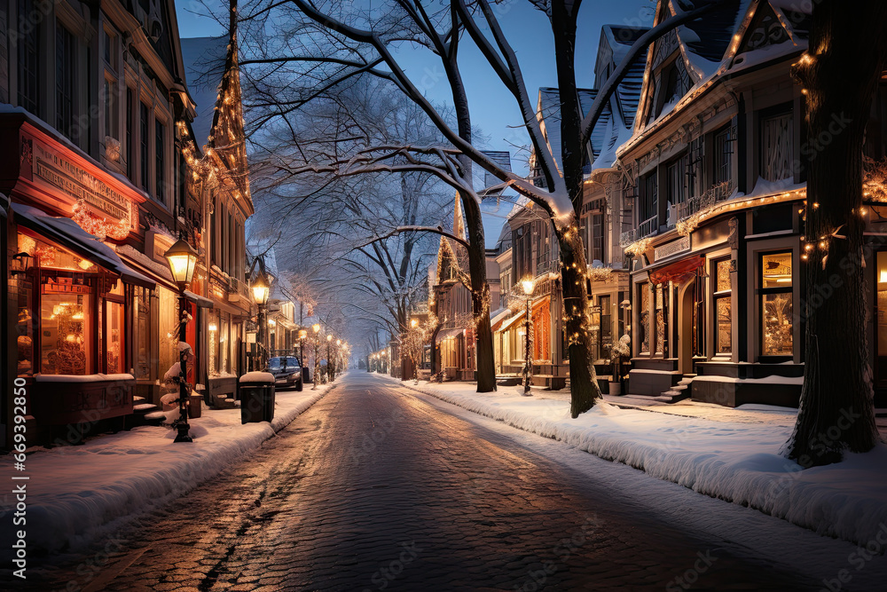 a snow covered street in the middle of wintertime, with buildings and shops on both sides at night time