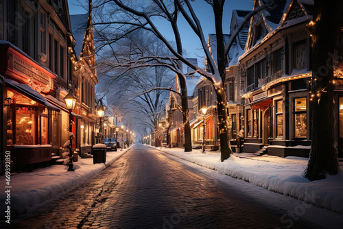 a snow covered street in the middle of wintertime, with buildings and shops on both sides at night time