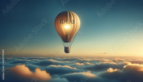 A hot air balloon in the shape of a light bulb with the word Ideas on it. Brainstorming and idea generation. Blue sky thinking.
