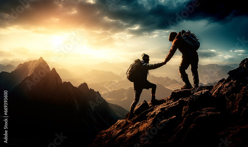 Two men on top of a mountain and helping each other to the summit © hakule
