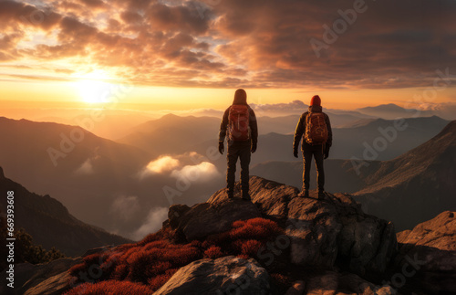 Two men on top of a mountain and helping each other to the summit