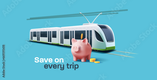 Urban tram rail public transport illustration with saving money banner with pink pig bank