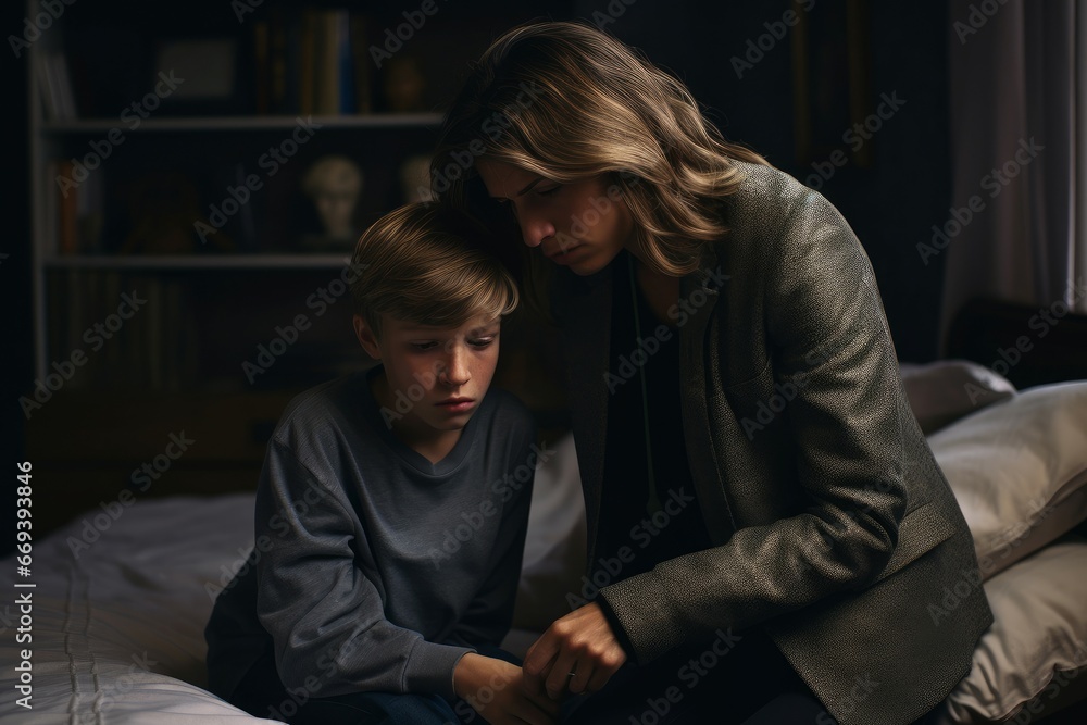Mother consoling her upset son in bedroom before sleep. Life emotion tunes family music. Generate Ai Mother consoling her upset son in bedroom before sleep. Life emotion tunes family music. Generate Ai