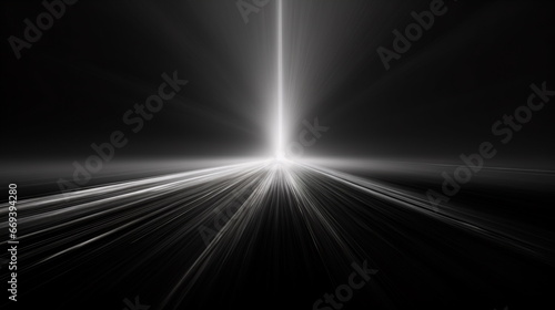 Abstract lightray with laser flash on black background, in the style of soft tonal shifts, ethereal landscape, black and white imagery, sunrays shine upon it, flattened perspective, poetic minimalism photo