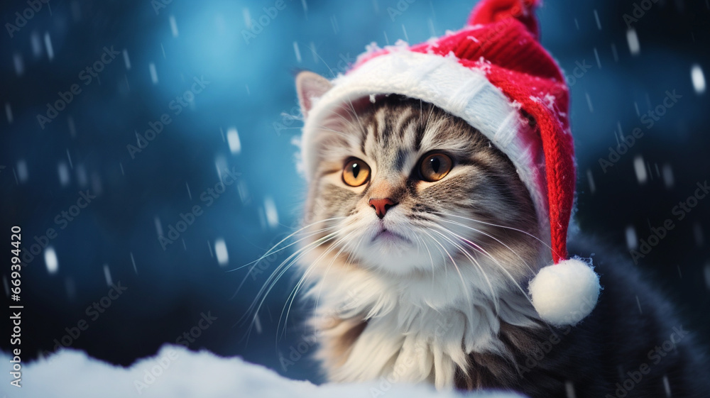 A cat wearing a red Santa hat costume A cat wearing a red Santa hat costume