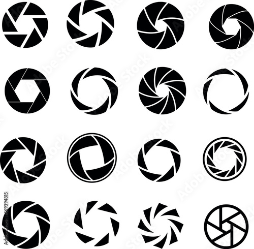 Camera shutter icons, black and white, vector illustration, 16 unique designs, perfect for photography, graphic design, web design projects. Styles vary from simple to complex, geometric shapes