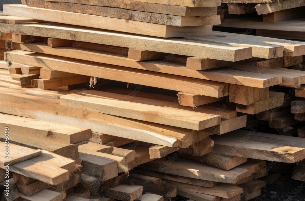 Piles of natural wooden boards. Storage of industrial wood planks material. Generate ai Piles of natural wooden boards. Storage of industrial wood planks material. Generate ai