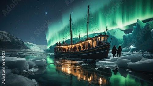 Fairytale green loops in the sky, Aurora Borealis over a pleasure boat between icebergs in the Arctic Ocean, Northern Lights in the clear sky.