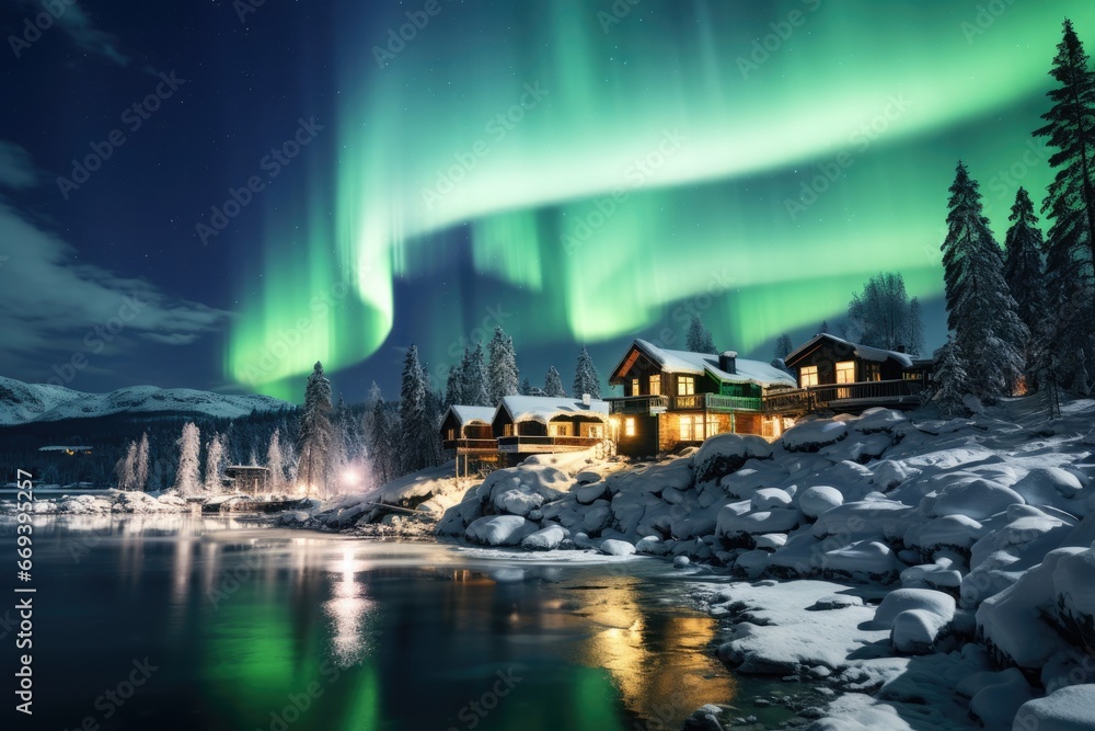 Fairytale green loops in the sky, Aurora Borealis over settlements in Norway, Northern Lights in the clear sky - obrazy, fototapety, plakaty 