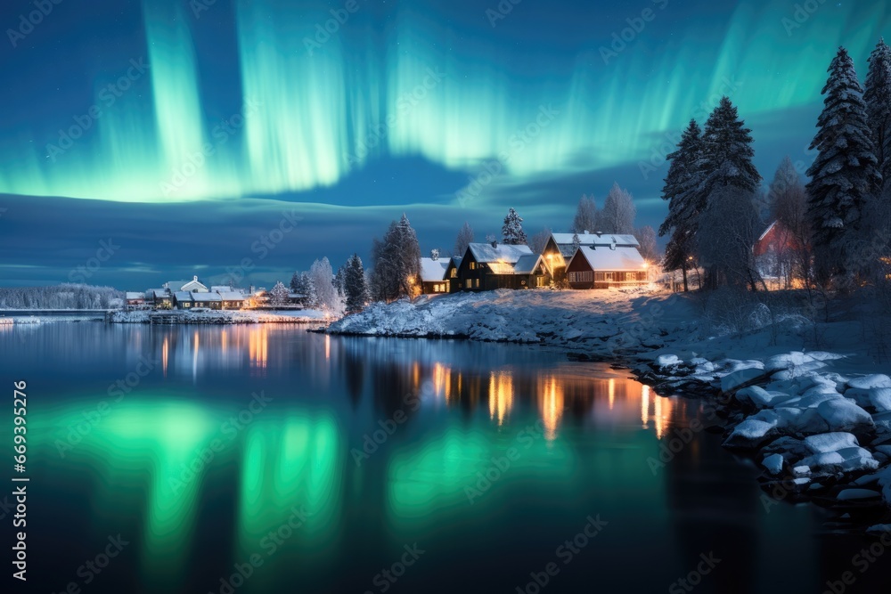 Aurora Borealis over settlements in Norway, fairytale green northern lights in the clear sky.