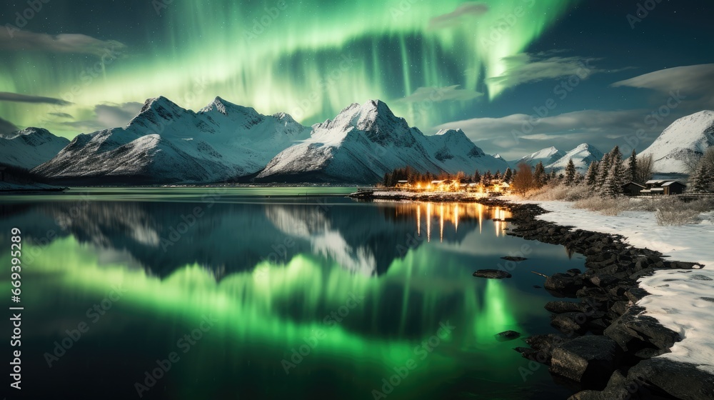 Aurora Borealis over settlements in Norway, northern lights in clear sky - obrazy, fototapety, plakaty 