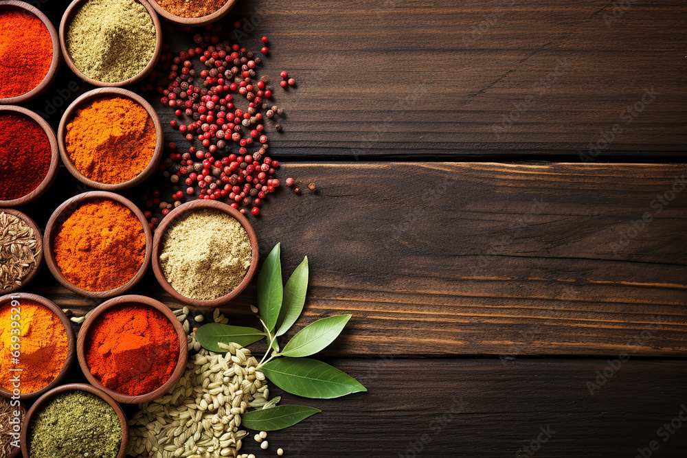 Colorful spices on a textured wooden board with copy space. Colorful spices on a textured wooden board with copy space.