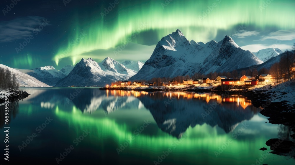 Aurora Borealis over settlements in Norway, northern lights in clear sky - obrazy, fototapety, plakaty 
