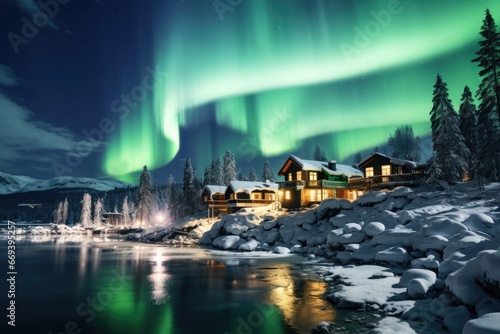 Fairytale green loops in the sky, Aurora Borealis over settlements in Norway, Northern Lights in the clear sky