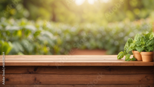 empty wooden desk with blurred background of plantation