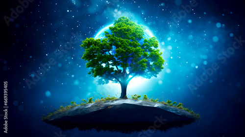 Tree on floating island, night sky, glowing planet, stars, peaceful, mysterious, magical, dreamy, bright, cosmic © weerasak