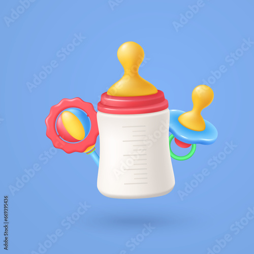 Baby food, newborn set, milk bottle with pacifier, rattle.