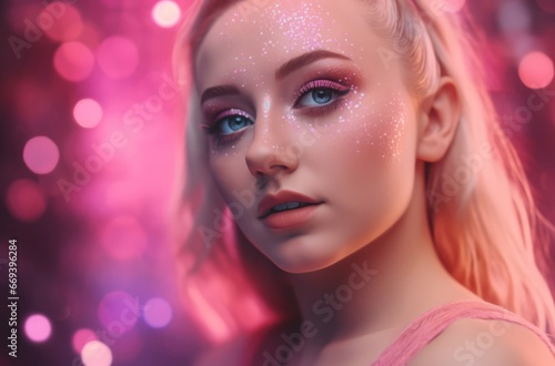 Woman model with pink glitter face makeup. Beautiful blonde lady posing on rosy illuminated background. Generate ai
