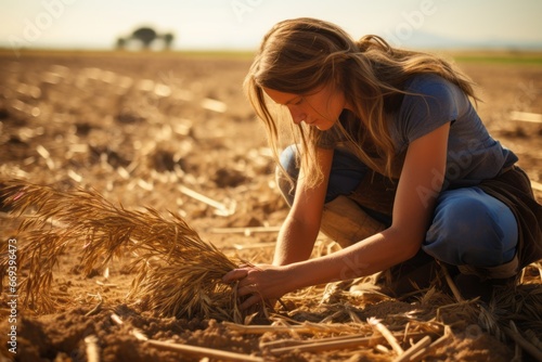 The sad expression of a woman due to a failed wheat harvest in the field generative ai photo