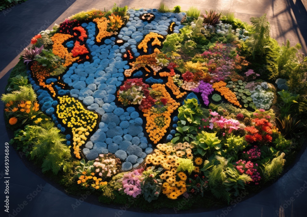 A land art installation featuring a large-scale map carved into the earth, with vibrant flowers and