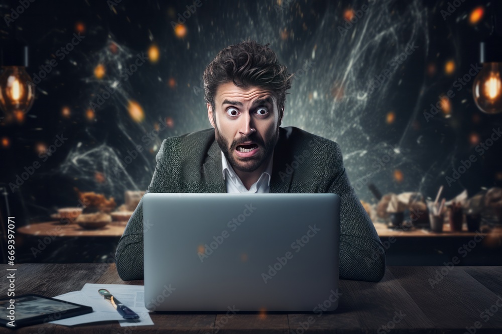Frustrated and stressed man sitting at the office with laptop Frustrated and stressed man sitting at the office with laptop