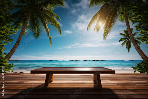 empty wooden table with palm trees at the beach background. for product presentation