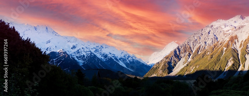 The  sunset view mountain of alpine as snow-capped mount peaks in  Winter mountains photo