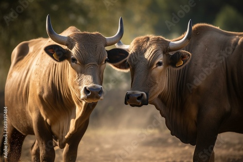 two aggressive bovines poised for combat. Generative AI