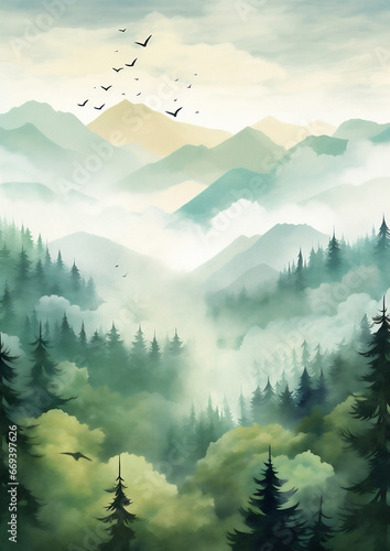 View blue tree sky hill landscape illustration nature watercolor forest background mountain