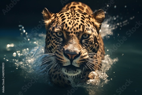 A fierce jaguar swimming in clear flowing water generative ai