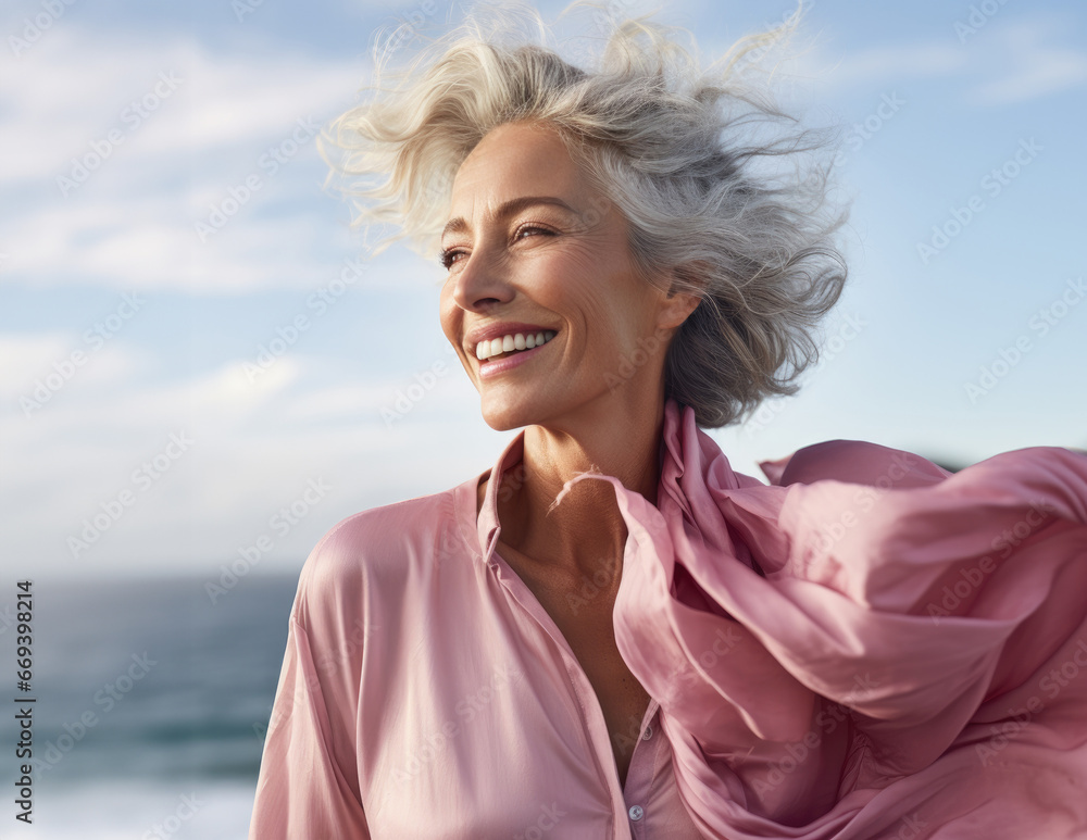 Senior women with a pink jacket on her arm, smiling in the beach