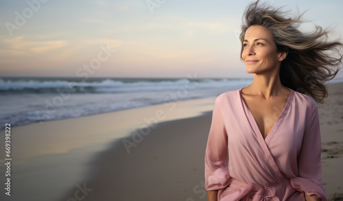 women with a pink jacket on her arm, smiling in the beach