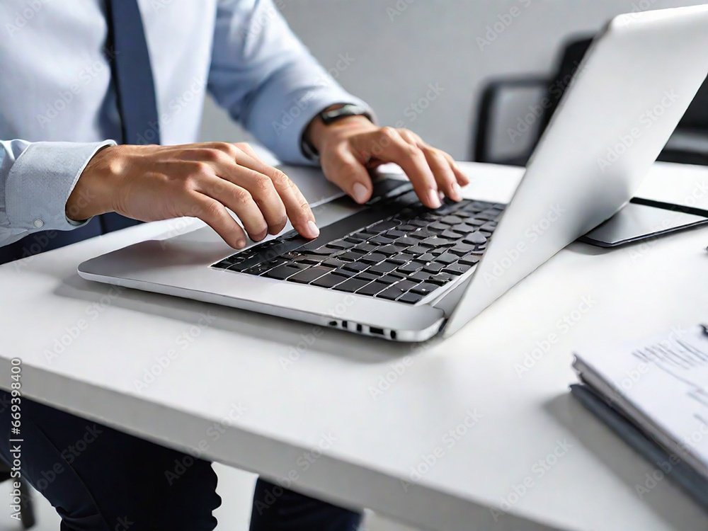A close-up portrait of an individual typing on a laptop computer's keyboard while engaged in online work at a white office table. A close-up portrait of an individual typing on a laptop computer's keyboard while engaged in online work at a white office table.