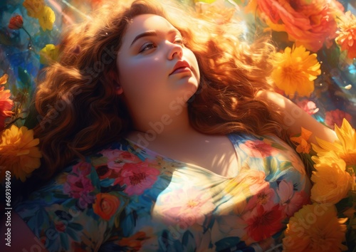 An artistic portrait of an attractive chubby girl surrounded by colorful flowers in a blooming
