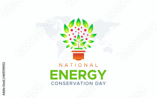 design commemorating national energy conservation day. December 14. green trees and buildings