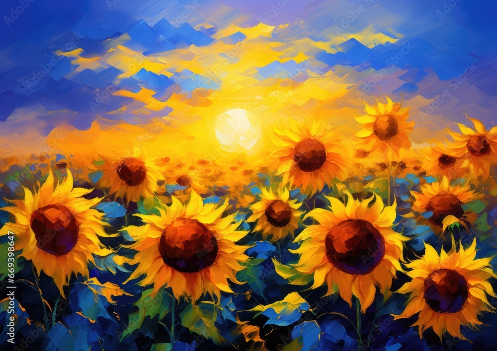An impressionistic artwork on a royal blue background, depicting a vibrant field of sunflowers