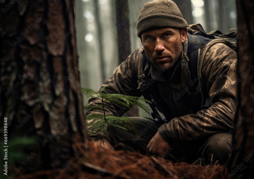 An award-winning photograph of a hunter crouched in a dense forest, surrounded by tall trees, with