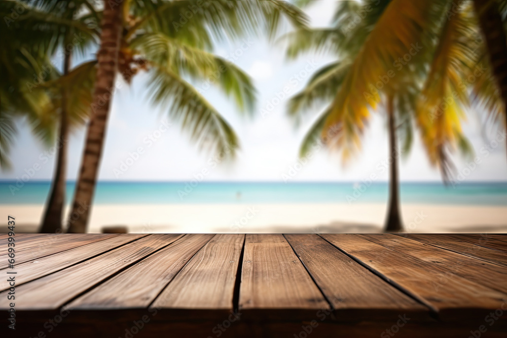 empty wooden table with palm trees at the beach background. for product presentation