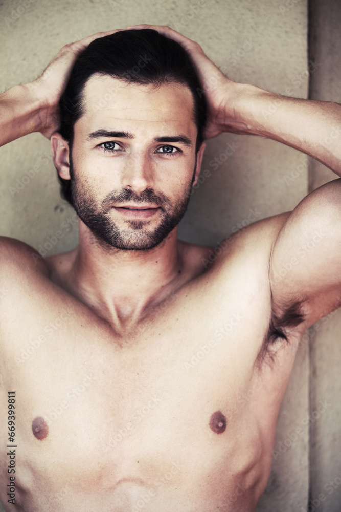 Chest, portrait and man in a bathroom for beauty, wellness or cosmetic treatment on wall background. Face, confident and guy model with dermatology, body care or shower routine results satisfaction Chest, portrait and man in a bathroom for beauty, wellness or cosmetic treatment on wall background. Face, confident and guy model with dermatology, body care or shower routine results satisfaction
