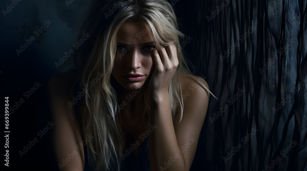Portrait of a young blonde woman sitting on a floor, holding her head. Hopeless and depressed against a textured, cracked wall. Portrait of a young blonde woman sitting on a floor, holding her head. Hopeless and depressed against a textured, cracked wall.
