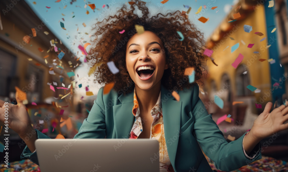 Happy female celebrating in the front of laptop Happy female celebrating in the front of laptop