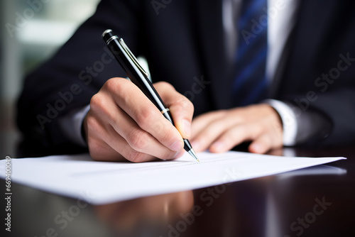 A businessman signing a document. 