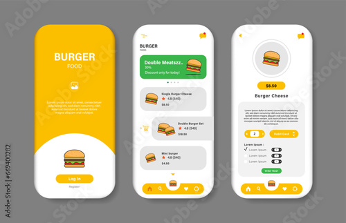 Application to buy burgers. Burger order interface template collection. Responsive GUI for mobile applications