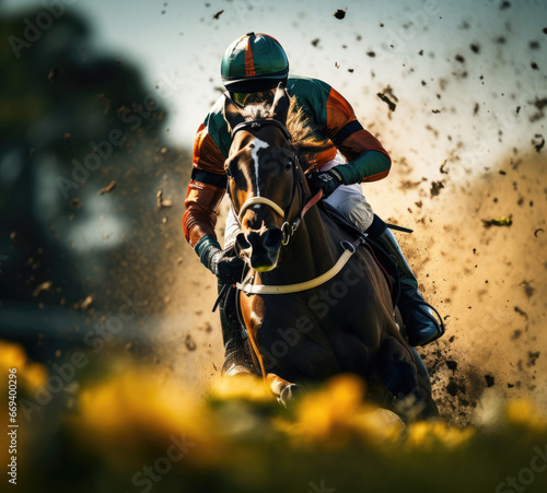 Jockey running and racing on the racetrack, dynamic footage