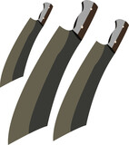 Set of kitchen knives clipart vector illustration. Knife with plastic handle flat design. Peel, vegetable, fillet, santoku, cleaver, pizza cutter, knife sharpener, scissors. Kitchen concept icon logo