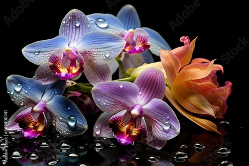 vibrant orchids with a glistening water droplet. Generative AI