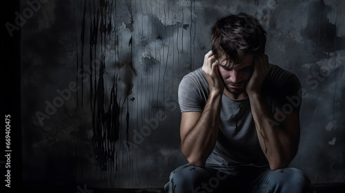 Young man sitting on a floor, hopeless and depressed against a textured, cracked wall.