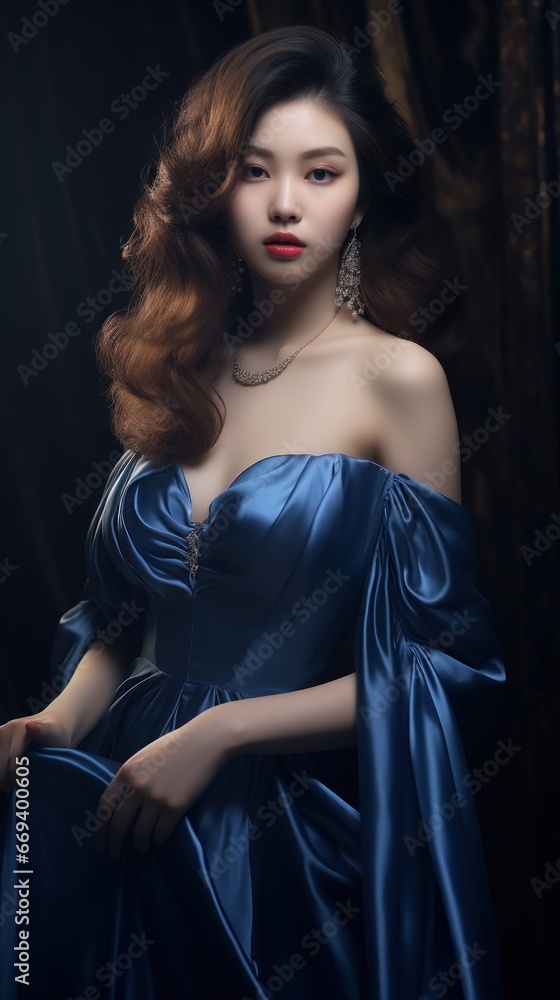 Beautiful Young Woman in Blue Satin Dress