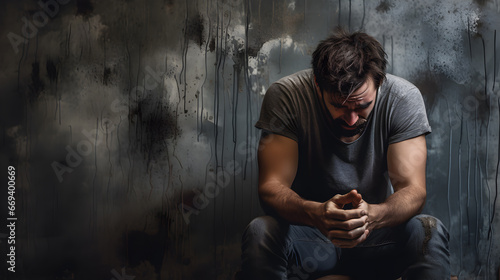 Young man sitting on a floor, hopeless and depressed against a textured, cracked wall.