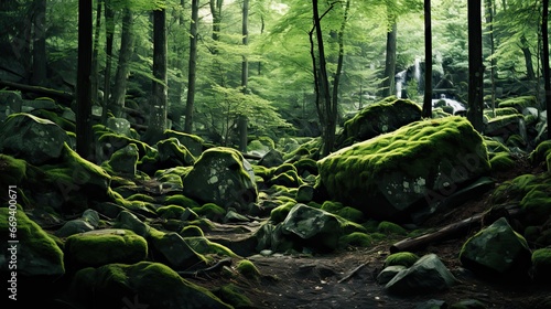 Green moss and rough stones in the dense forest